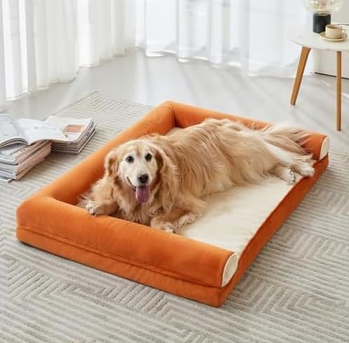 Image of gorgeous Dog Beds Memory Foam Large Bed Waterproof Layer for Labrador, Bulldog, Retriever, Poodle, Large Breed Dogbed (Orange, 47x29x4)