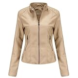 DEAR MODEL Faux Leather Jacket Women Bomber Jacket Women's Belted Motorcycle Jacket,Khaki,M