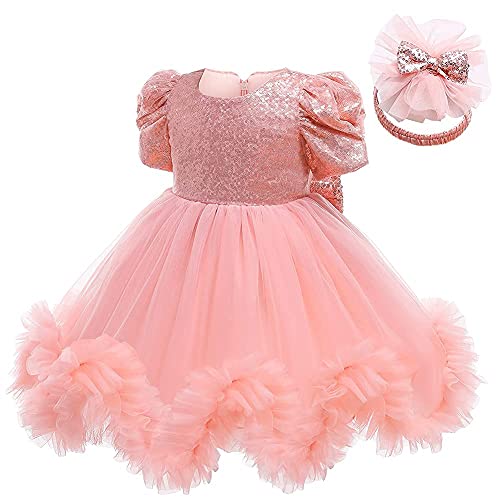 LZH Baby Flower Girl Dresses,Bowknot Flower Dresses Small Sequins Pageant Party Wedding Flower Girl Tutu Gown with Headwear Shrimp Pink
