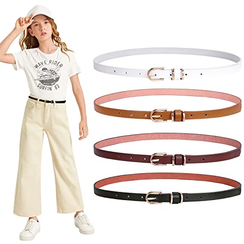 Sansths 4 Pack Girls Thin Leather Belts With Golden Buckle Slim Kids Belts #TOP23