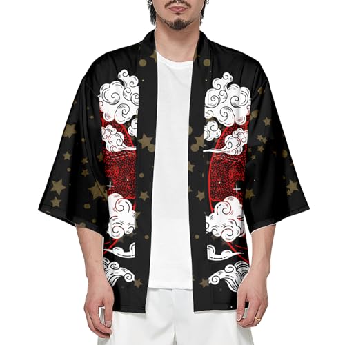 Image of DOSLAVIDA Men's Japanese Kimono Jacket Set Stylish Open Front Coat With Shorts Chinese Style Printed Cardigan Suit