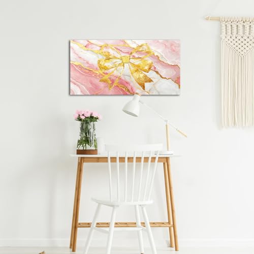 iKNOW FOTO Pink Marble Wall Art 20x40 Inch Canvas Print with Gold Bow Abstract Glam Artwork Modern Elegant Decoration for Bedroom Living Room Bathroom Office Lounge Dressing Room Ready to Hang by iKNOW FOTO - Image 3