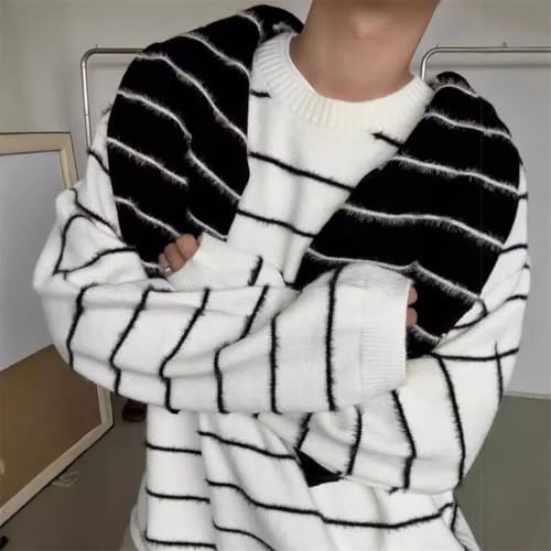 Men's Japanese Vintage Stripe Round Neck Knit Pullover Long Sleeve Full Length Loose Fit Casual Sweater4