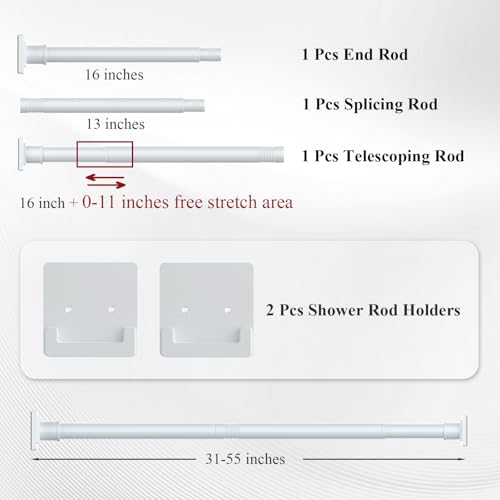 Image of UIOSANRT White Shower Curtain Rod 31-55 inches with Holders, Stainless Steel Shower Rod & Tension Rod, Adjustable Tension Shower Curtain Rod for Bathroom, Windows, Closet