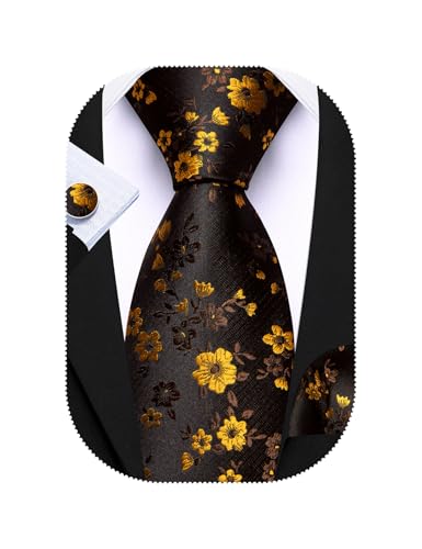 Image of Barry.Wang Flower Ties for Men Handkerchief Cufflinks Set Wedding Necktie Set Party