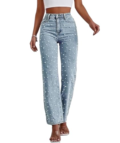ECDAHICC Womens High Waisted Straight Leg Pearl Jeans Casual Boyfriend Bootcut Sparkly Denim Pants Trousers