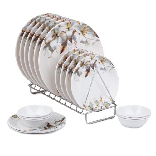 Image of Golden Fish Melamine Round Dinner Set of 18 (6 Plates + 6 Veg Bowls + 6 Half Plates) | Grey Floral Print | Unbreakable, Dishwasher & Microwave Safe