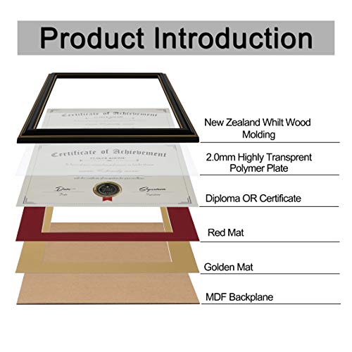 Image of ELSKER&HOME Double Diploma Frame for Two 8.5x11 with Red Mat,Wood Black | Made for Certificates&Document 13.5x20 Inch Without Mat for Documents Certificates (Double Mat, RED Mat with Golden Rim)