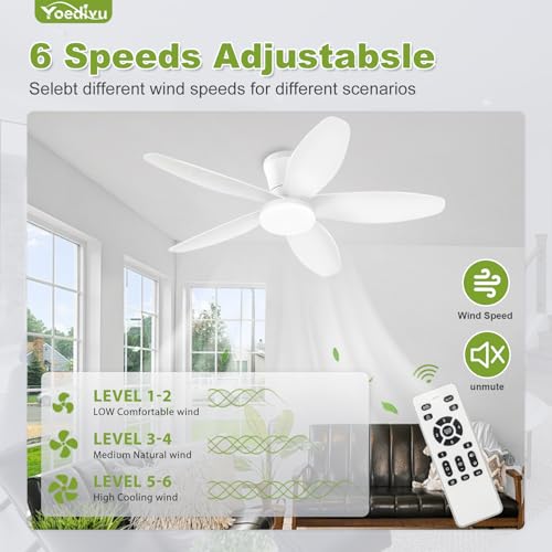 Image of White Ceiling Fan with Light, 42 Inch Low Profile Flush Mount Ceiling Fan 6-Speed Wind, Quiet Reversible DC Motor, 3 Color Dimmable Lighting, Small Ceiling Fans for Living Room /Kitchen /Bedroom