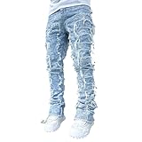 HDMGCR Men Stacked Jeans Skinny Blue Print Ripped Patchwork Denim Pants(Blue Print,L)