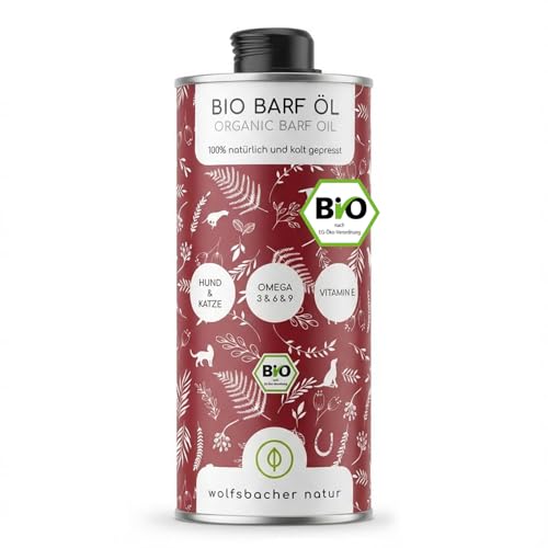 Futteröl für Hunde 1 Liter – 100% Bio Barföl - Natürlich und Vegan - Aus Leinöl, Nachtkerzenöl, Olivenöl, Kürbiskernöl, Chiaöl - Mit Omega 3-6-9, DE-ÖKO-060