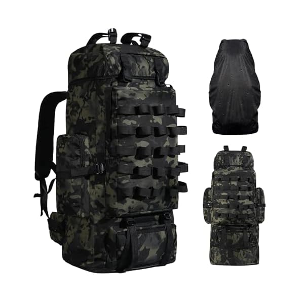70L/100L Camping Hiking Backpack with Rain Cover, Expandable Large Military Tactical Backpack, Waterproof Molle Racksack Travel Backpacking Daypack for Climbing Trekking (Black CP)