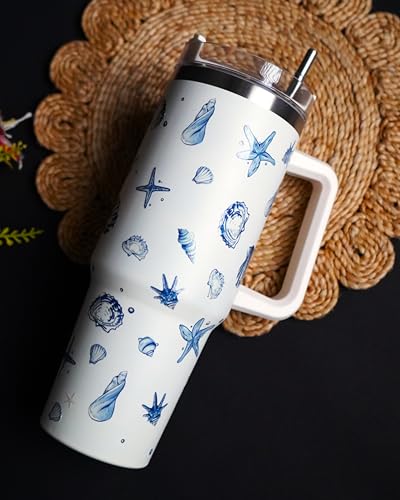 Image of 1200ML Stainless Steel Tumbler Hot and Cold with Handle and Lid and 2 Straws, Double Insulated Cup Leak Proof Mug Cupholder for Gym, Travelling (WhiteSeaShells)