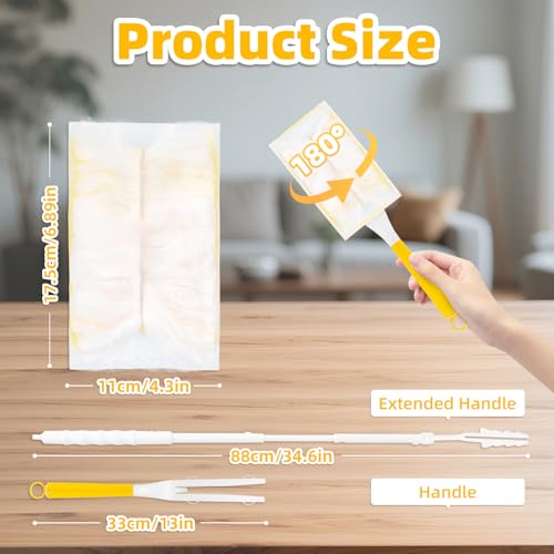 Image of Heavy Duty Dusters Refills, Disposable Dusters Kit Compatible with Handles, Multisurface Dusters+1 Extended Handle +1 Handle (Yellow, 180)