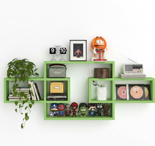 Image of Wooden Wall Shelves for Living Room, Bedroom Wall Mounted Rectangle Bookcase, Intersecting Wall Shelves for Storage Modern Decorative Display Shelves for Wall Decor (Green)