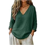 Chemise Lin Femme Chemisiers et Blouses Femme Manches Longues Coton et Lin Léger Tee Shirt Couleur Unie Décontractée Huats Col en V Coupe Ample Tunique Pas Cher Tunique Longue Vert M