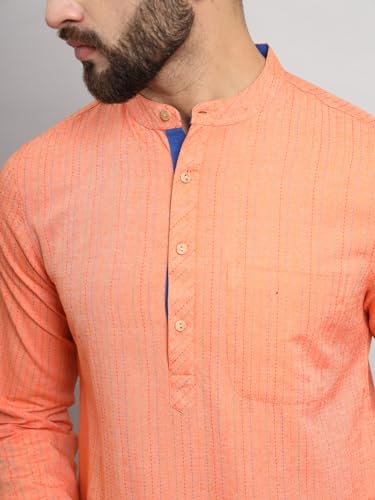 Image of LATEST CHIKAN Men's Cotton Regular Striped Knee Lenght Kurta Full Sleeves - Casual Ethnic Wear