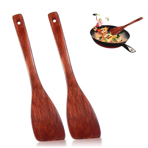 Espátulas de Madera para Cocinar, Utensilios de Cocina Madera con Mango Largo, Espátula Giratoria Antiadherentes Cucharas Utensilios para Protección Contra Arañazos Sartén, Resistentes Calor, 2 Piezas