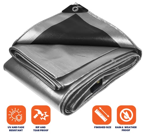 Image of Extra Heavy Duty 14 Mil Tarp Cover, Waterproof, UV Resistant, Rip and Tear Proof, Poly Tarpaulin with Reinforced Edges for Roof, Camping, Patio, Pool, Boat (Silver /Black 24′ X 24′)