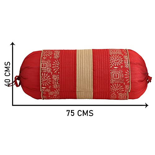 Image of Gifts Island Set of 2 Polyester Silk Traditional Hand-Block Printed & Striped Bolster Covers (Red)