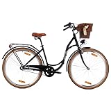 Goetze Style 28 Zoll Damen Citybike, 18 Zoll Tiefeinsteiger Stahlrahmen, 3-Gang Nabenschaltung, Rücktrittbremse, V-Bremse, LED-Beleuchtung, Rattankorb, Komfortsattel, mit Ständer & Klingel