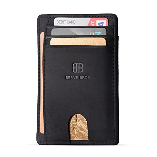 BRAVE BROS - Slim Genuine Leather RFID Blocking Minimalist Front Pocket Wallets Card Holders for Men Women (Crazy Horse Black)