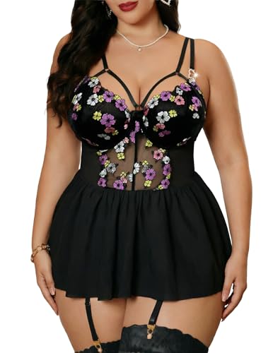 Image of Alrovetoney Plus Size Lingerie For Curvy Women Ruffle Lingerie Set Sexy Lace Lingerie Set Garter Belt With Stockings