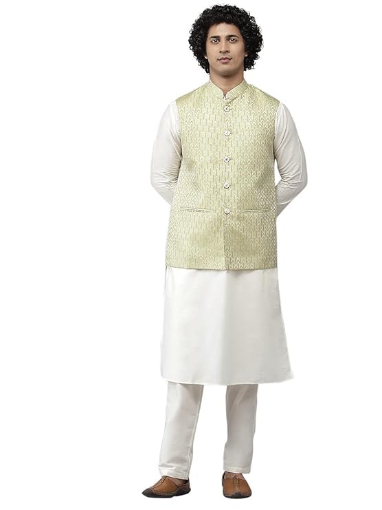 Men Green & White Solid Kurta Pyjamas With Nehru jacket-image-38