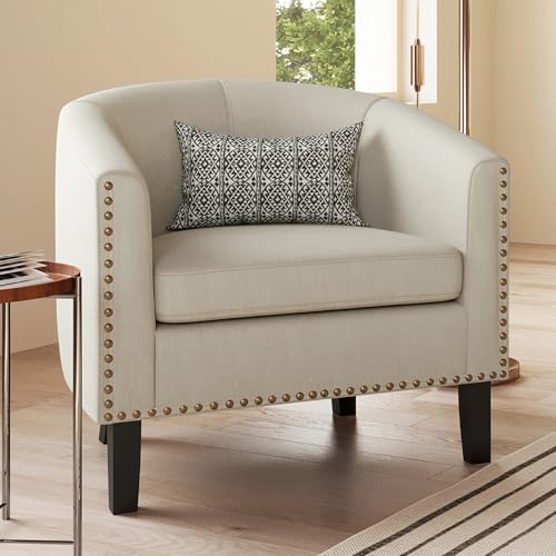 Image of BELLEZE Accent Barrel Chair, Modern Tub Club Chair Upholstered Armchair with Gold Nail Head Trim and Black Legs for Living Room Bedroom Apartment Lounge - Beige /Linen