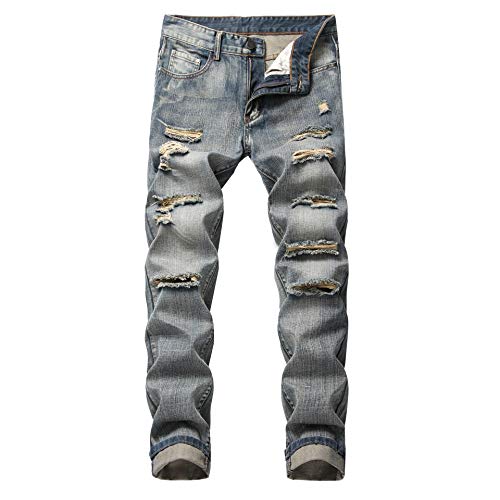 Men's Blue Slim Fit Jeans Stretch Destroyed Ripped Skinny Jeans Side Striped Denim Pants(N-36)