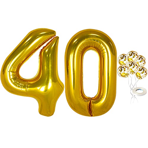 Big Gold 40 Balloon Numbers - 40 Inch | Gold Confetti Balloons and 40 Birthday Balloons | Mylar Foil Number 40 Balloons for 40th Birthday Decorations | 40th Anniversary Decorations for Men, Women