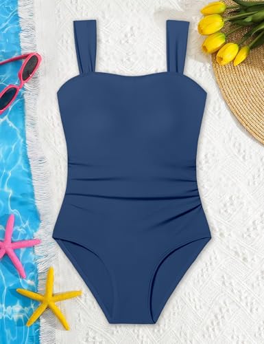 Image of CRISONE Girl Swimsuit One Piece Bathing Suit for Girls Retro Square Neck Adjustable Straps Girls' Swimwear 9-16Y