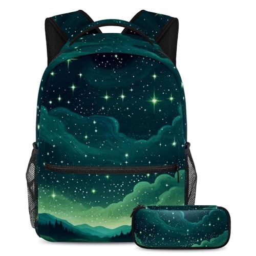 Sac à dos élégant pour le collège et le lycée motif galaxie lumineuse vert