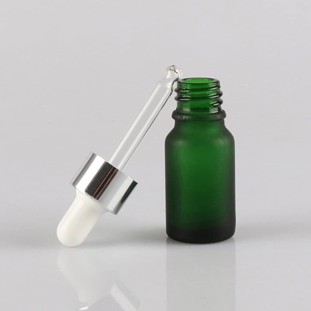24 Pezzi Verde Opaco Bottiglie Contagocce in Vetro 10 ml, Ambra Vuoto Flaconi con Pipetta Contagocce d'argento, per Olio Essenziale, Aromaterapia con Imbuti