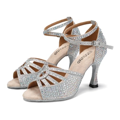 Image of JUODVMP Women's Latin Dance Shoes Rhinestones Satin Ballroom Dancing Shoes Salsa Professional Dance Shoes