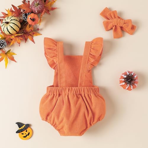 Newborn Baby Girl Clothes Ruffle Backless Pumpkin Romper Bodysuit Infant Fall Outfit with Headband3
