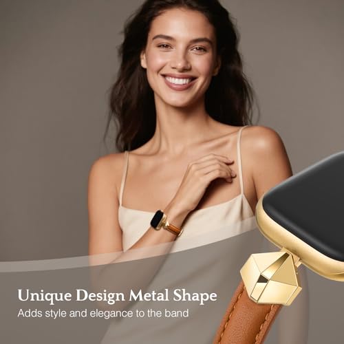 WFEAGL Leather Band Compatible with Apple Watch Bands Women 38mm 40mm 41mm 42mm(Series 11/10),Dressy Slim Genuine Leather band for iWatch SE Series 9/8/7/6/5/4/3/2/1-Brown/Gold by WFEAGL - Image 2