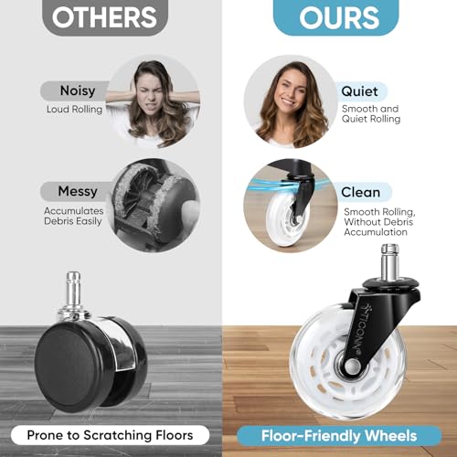 Image of TICONN Office Chair Caster Wheels Set of 5 for Tile, Hardwood Floors and Carpets, Universal Fit for Most Chairs (White)