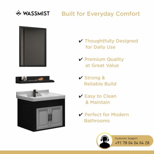 Image of WASSMIST Bathroom Vanity Washbasin Cabinet with Mirror & Shelf | Wall Mounted Wash Basin with Cabinet Full Set | Waterproof & Unbreakable (Black & Silver)