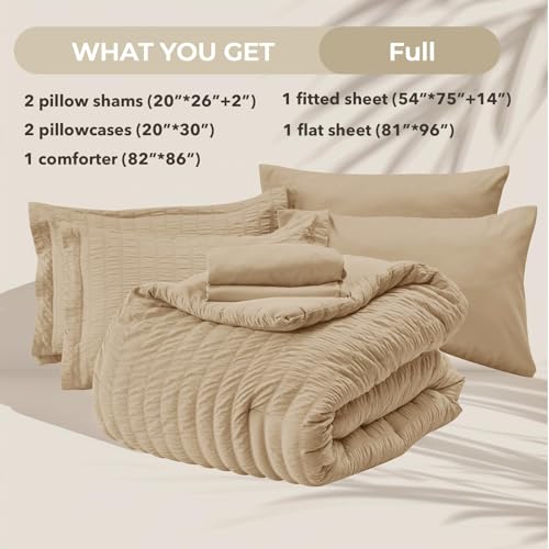 Image of HYMOKEGE Khaki Full Size Comforter Sets Seersucker 7 Pieces, All Season Luxury Bed in a Bag for Bedroom, Bedding Set with Comforter, Sheets, Pillowcases & Shams
