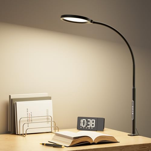 Jplednas デスクライト LED「クランプ式 ・5段階調光調色・多角度調節・タッチ操作・45分タイマー・記憶機能 」電気スタンド「円形面光源・高演色・目に優しい・12W・1000LM」 明るい卓上ライト 読書/勉強/仕事用（ブラック ）