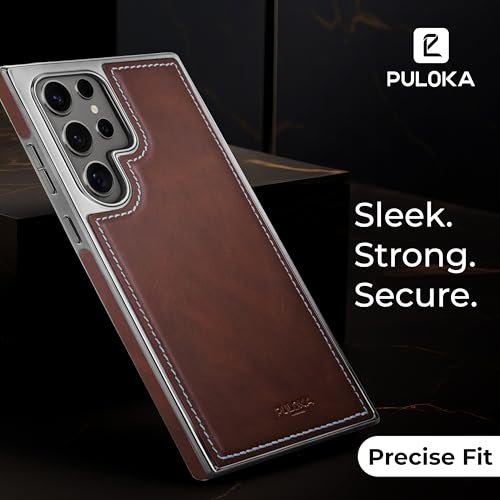 Image of PULOKA Chrome Leather Back Case - Compatible with Samsung Galaxy S23 Ultra - Luxury Bumper Case - Flexible Vegan Leather - Electroplated Sides - Full Camera Protetection & Raised Edges - Brown