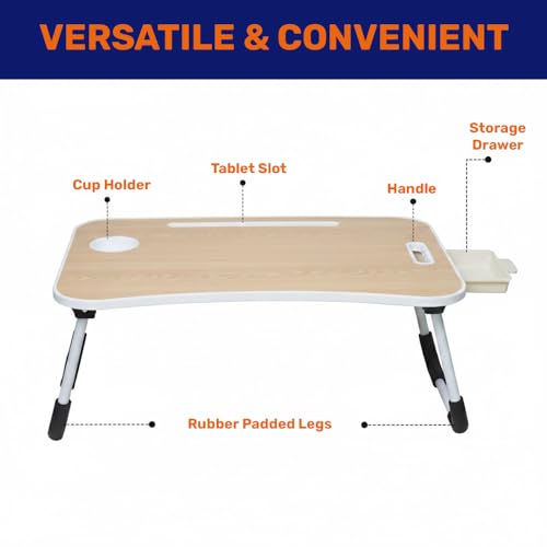 Image of GoRogue Foldable Wooden Mini Laptop Table for Bed, Study Table with Drawer, Tablet /Mobile Holder for Kids & Adults (Beige), 40 Centimeters, 60 Centimeters