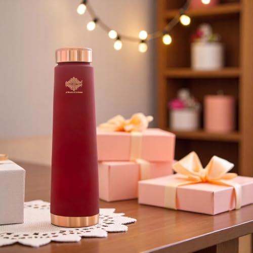 Image of Indian Art Villa Copper Red Silk Print Water Bottle, 800 ML Pure Copper Ayurvedic Drinkware for Daily Use, Travel, Office, Gym, and Gifting