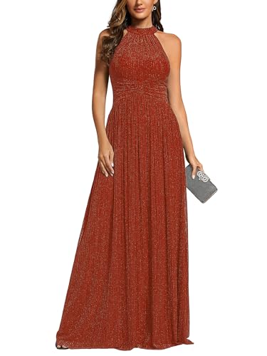 Image of Ever-Pretty Women's Glitter Halter Sleeveless Formal Dresses Evening Gowns Pleated A-line Wedding Guest Dress 41961