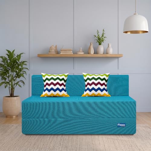 Image of Starlon 3 Seater Sofa Cum Bed Foldable 3-in-1 Sofa Bed with 1 Year Warranty, Washable Jute Fabric Cover & 2 Waves Pillows | Aqua Teal 6x6.5 Ft