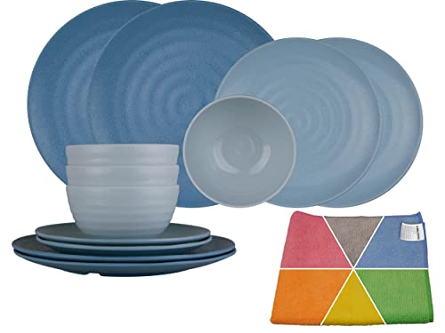 HEKERS Vajilla de melamina 100% color azul - Juego de 12 piezas 4 pers - 1 paño de microfibra HEKERS en color aleatorio al aire libre, picnic, camping, apto para lavavajillas Cover