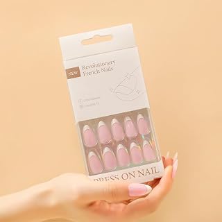30Pcs White French Tip Press on Nails Short Almond Fake Nails Glossy Nude Tan False Acrylic Nail for Women with Nail Adhesive Tabs