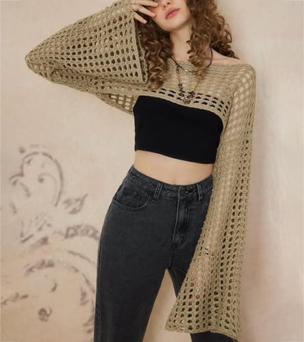 Women's Mesh Crochet Crop Tops Shrugs Sexy Y2k Hollow Out Cropped Knit Sweater See Through Bikini Cover Ups2