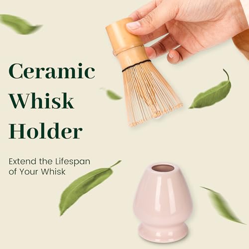 Matcha Whisk Set, Ceramic Matcha Set Includes Matcha Bowl, Matcha Whisk and Holder, Bamboo Scoop, Sifter 5 Pcs Matcha Kit for Matcha Lovers (Light Pink) — view 5